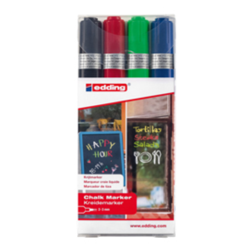 Astuccio 4 marcatore EDDING 4095 punta conica gesso liquido col.assortiti